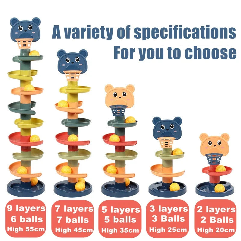 ألعاب برج الكرة المتدحرجة مونتيسوري مسار تفاعلي دوار للأطفال